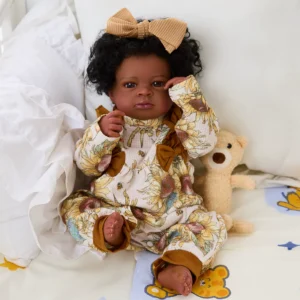 "lanny" 20 inch african american reborn doll with black skin and hand rooted hair